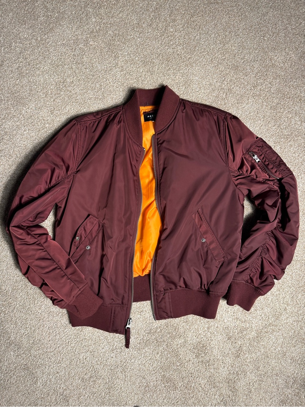 Men's Bomber Jacket in Burgundy with Orange Lining